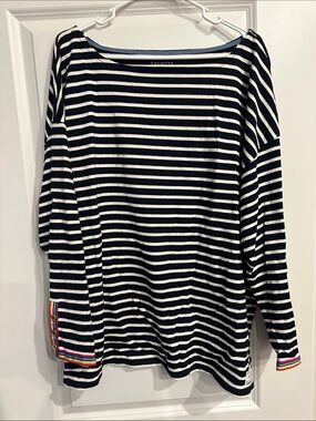 Talbots Navy and White Striped Boatneck Top with Rainbow Cuff Detail